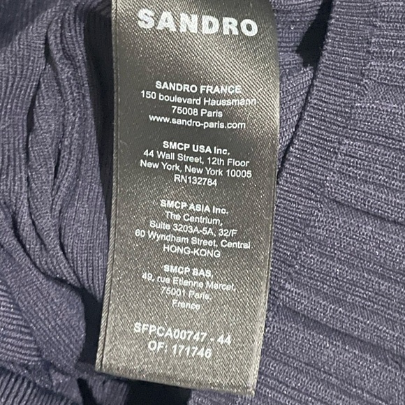 SANDRO Cropped Ribbed Pointelle Knit Cardigan Sweater Navy Blue Eyelet Gold HW 1 - Picture 11 of 12